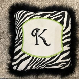Accent Pillow Black White Zebra Print w/Letter K 10" Square and feather accent